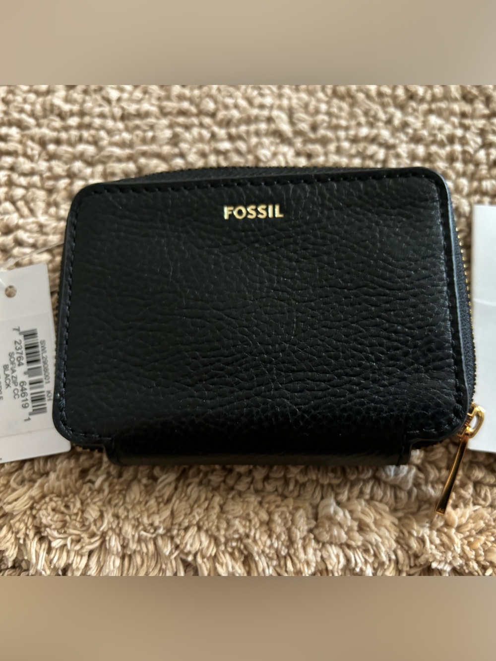 Fossil Black Textured Leather Zip Card Case with Gold Hardware